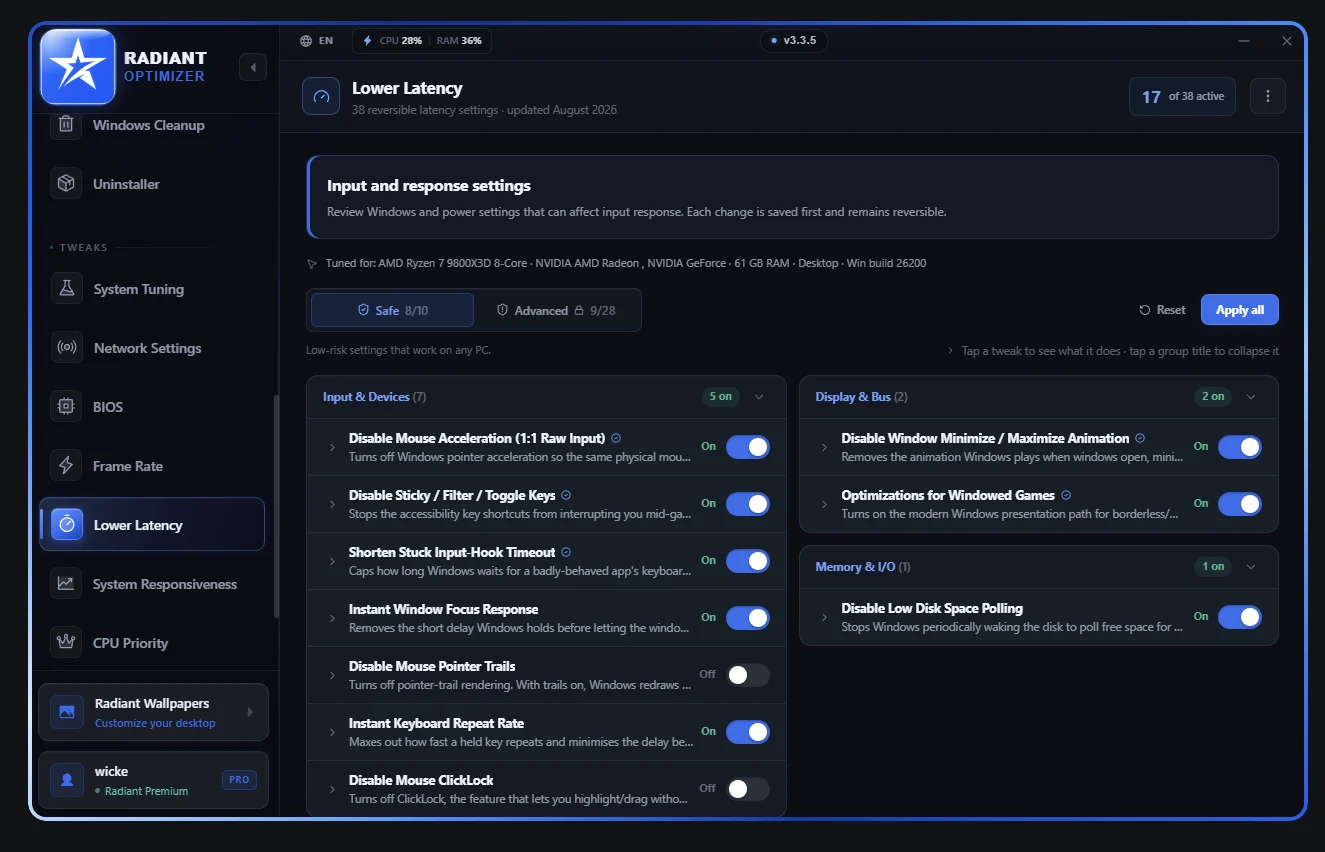 Radiant Optimizer Lower Latency page in v3.3.5