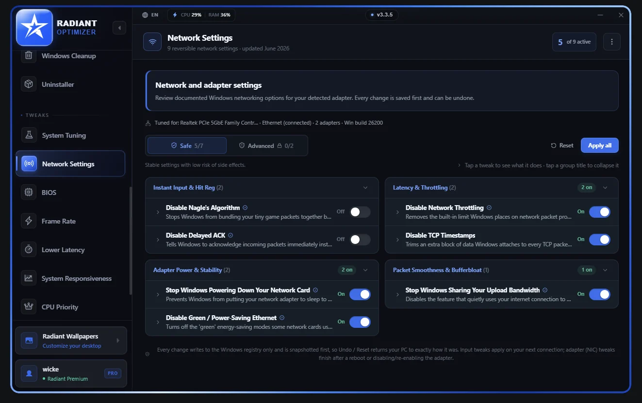 Network Settings interface in Radiant Optimizer v3.3.5