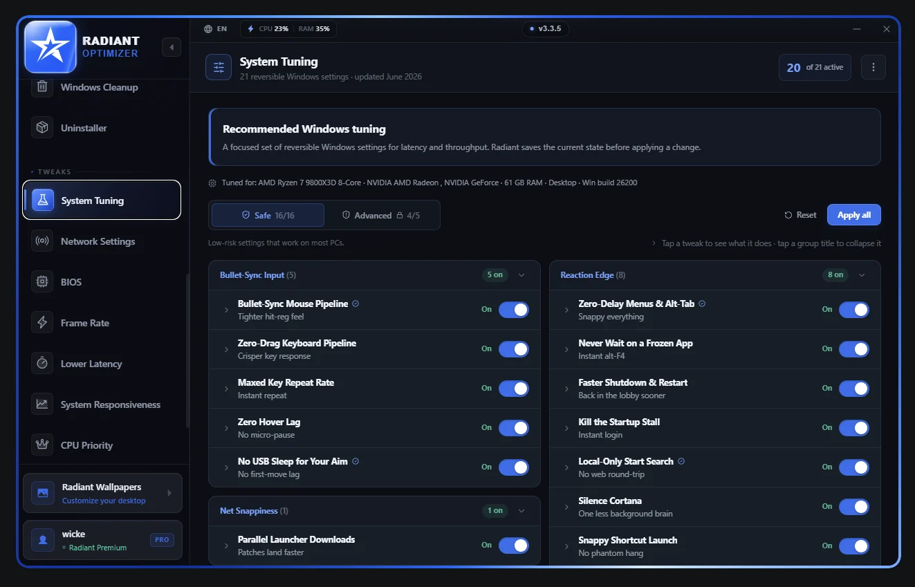 Radiant Optimizer system tuning interface, v3.3.5